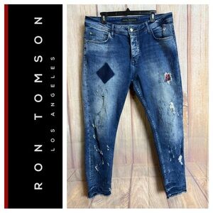 💙Ron Tomson Capsule Men's Blue Distressed Skinny Jeans Size 38x30”